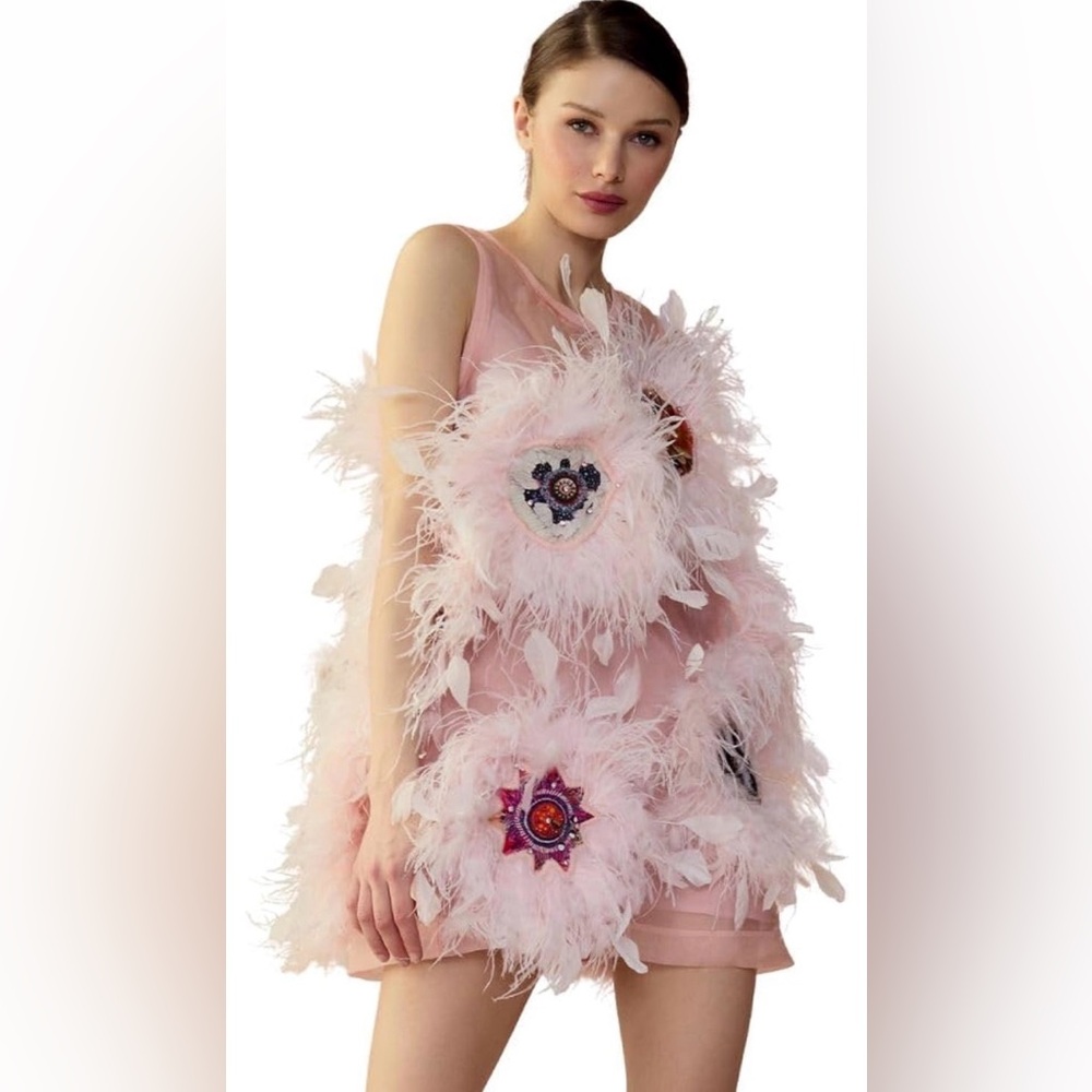 Cynthia Rowley Pink Feather Embellished Mini Dress